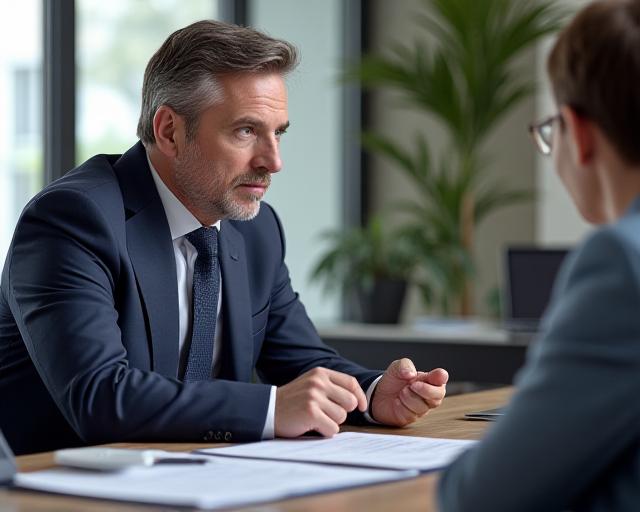Consultor financiero explicando opciones a cliente en una reunión seria